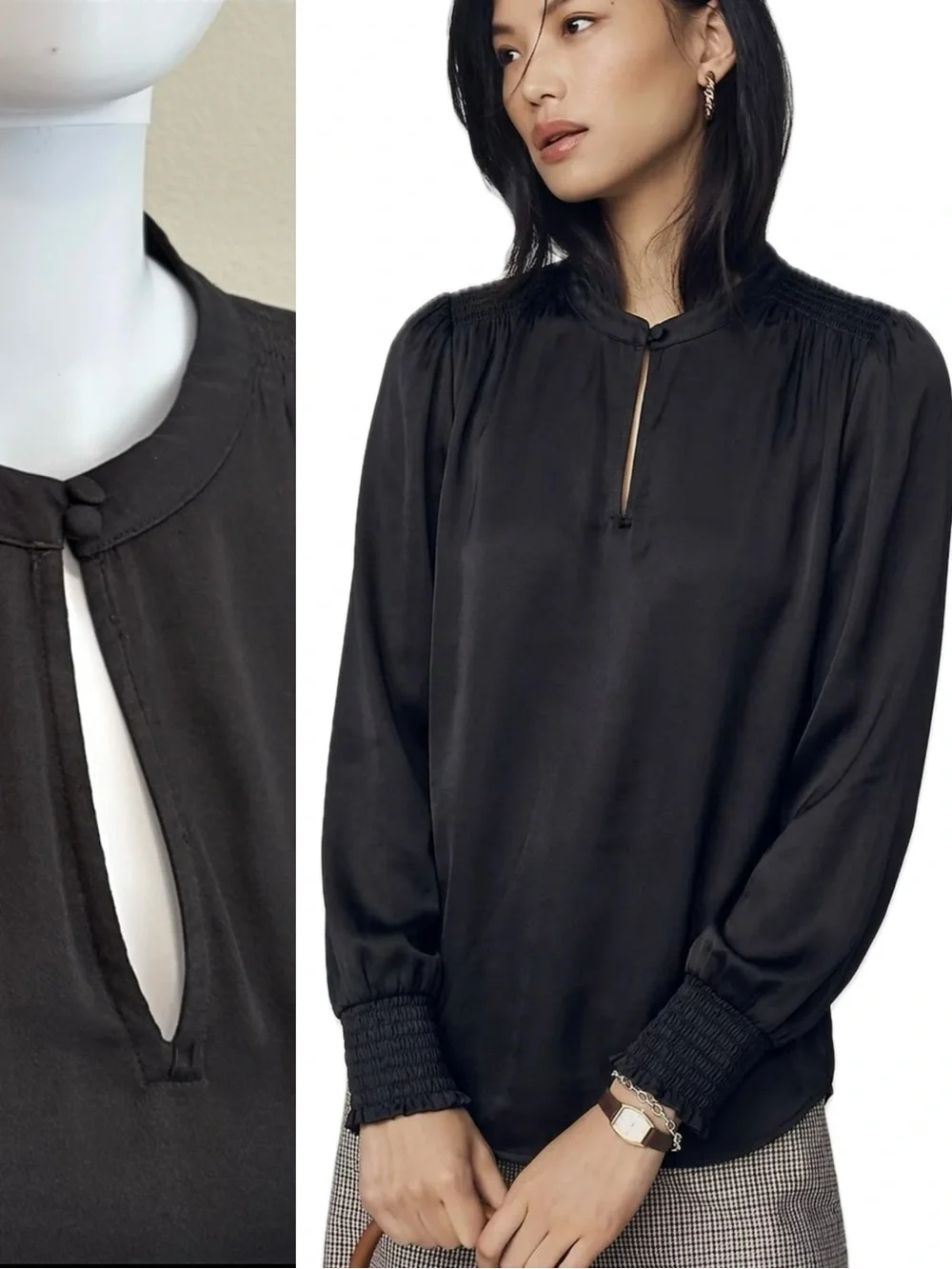 LOFT Black Satin Blouse Womens Size Small Smocked Long Puff Sleeve Fairy Goth